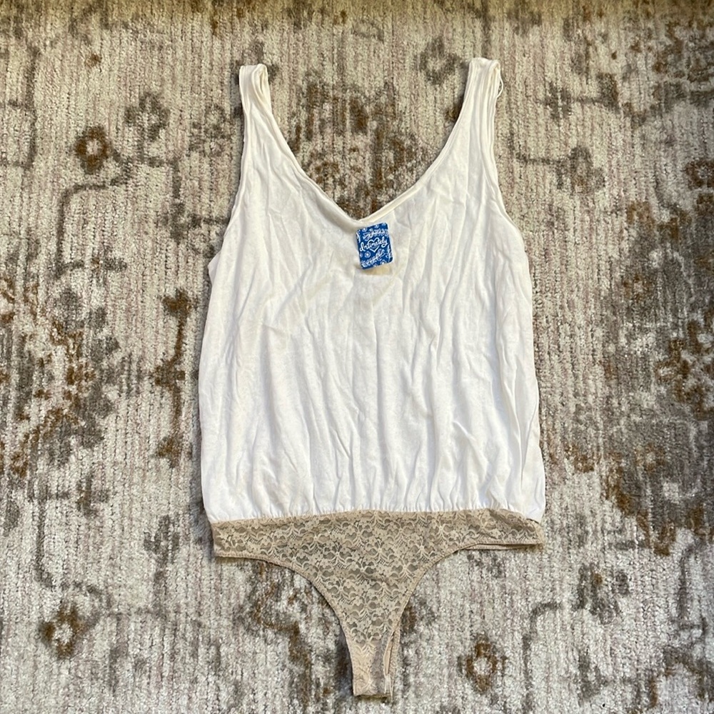 Free People White and Tan Lace Slip